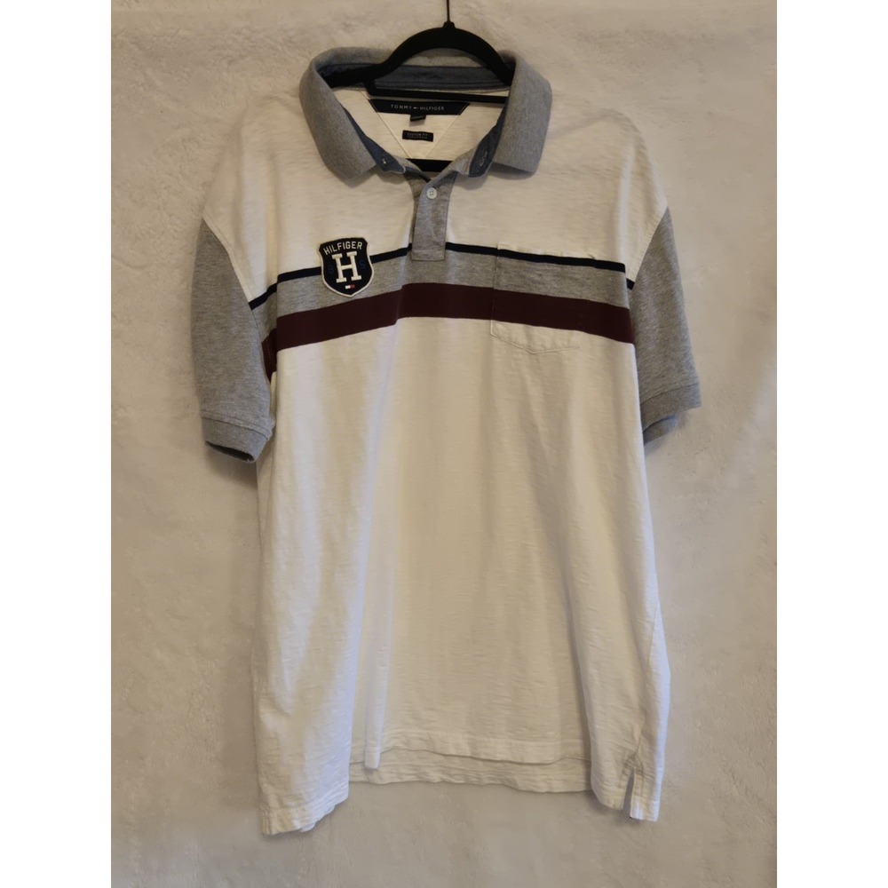 Tommy Hilfiger Men's XXL Polo Shirt Custom Fit White With‎ Stripes Logo Patch